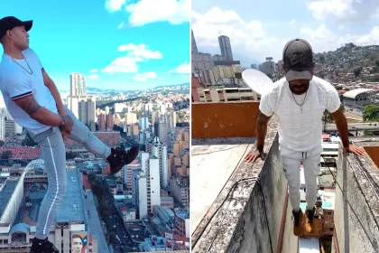 Daredevil Venezuelan 'Skywalker' Carlos Rengifo, 32, performs death-defying handstands and bike stunts on skyscraper ledges without any safety equipment whatsoever.
