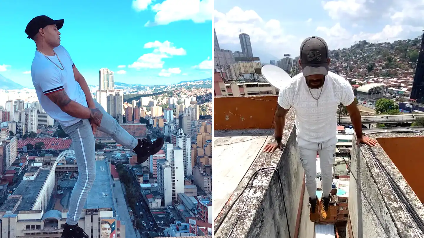 Daredevil Venezuelan 'Skywalker' Carlos Rengifo, 32, performs death-defying handstands and bike stunts on skyscraper ledges without any safety equipment whatsoever.