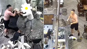 A tourist stripped off his shirt, gave diners a 10-second warning and launched into a rampage at a Vietnamese cafe - causing £14,000 damage and trapping people upstairs.