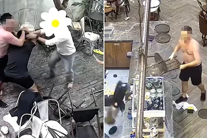 A tourist stripped off his shirt, gave diners a 10-second warning and launched into a rampage at a Vietnamese cafe - causing £14,000 damage and trapping people upstairs.