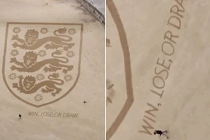 A beach artist sketched a giant England badge into the sand at Bridlington with the message "Win, lose, or draw - home should be safe" to highlight the rise in domestic abuse during the World Cup.