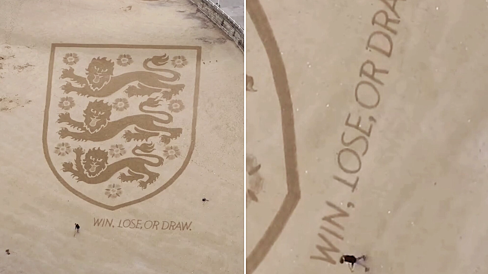 A beach artist sketched a giant England badge into the sand at Bridlington with the message "Win, lose, or draw - home should be safe" to highlight the rise in domestic abuse during the World Cup.
