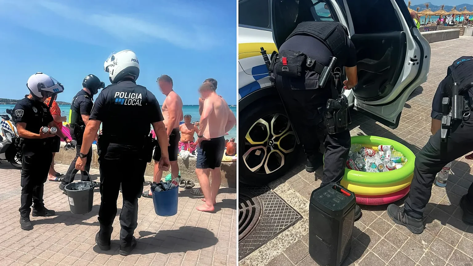 Police shut down an illegal beach party in Mallorca and confiscated 100 bottles of alcohol after a group of 20 Brits set up a tent, paddling pool full of booze and a blasting speaker.