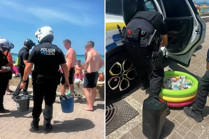 Police shut down an illegal beach party in Mallorca and confiscated 100 bottles of alcohol after a group of 20 Brits set up a tent, paddling pool full of booze and a blasting speaker.