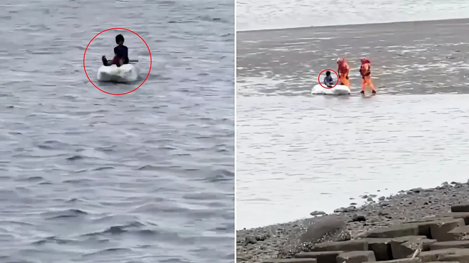 An 11-year-old boy was rescued after being found drifting alone in the sea on a polystyrene block in Taiwan - discovered by a fisherman after he failed to turn up for school.