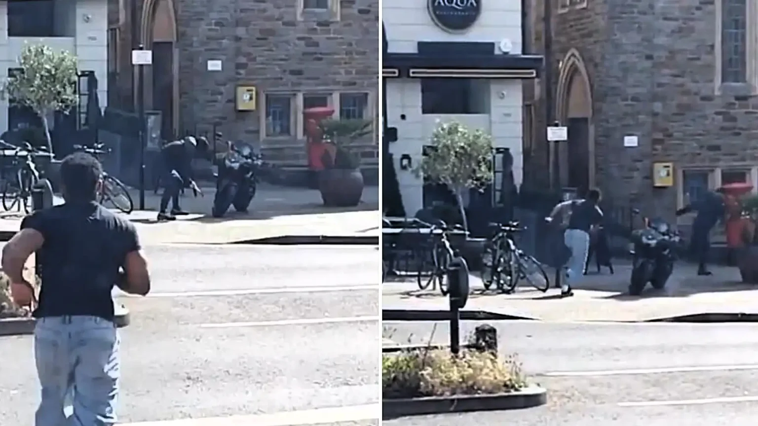A Bristol motorcycle owner sprinted after a masked thief armed with a metal rod who tried to steal his bike in broad daylight - catching him completely off guard on a busy main road.