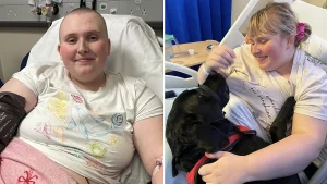 A British student says she can only eat 25 foods without risking death as her body keeps developing new allergies - and her dog Kenny gives her a 10-minute warning before each attack.