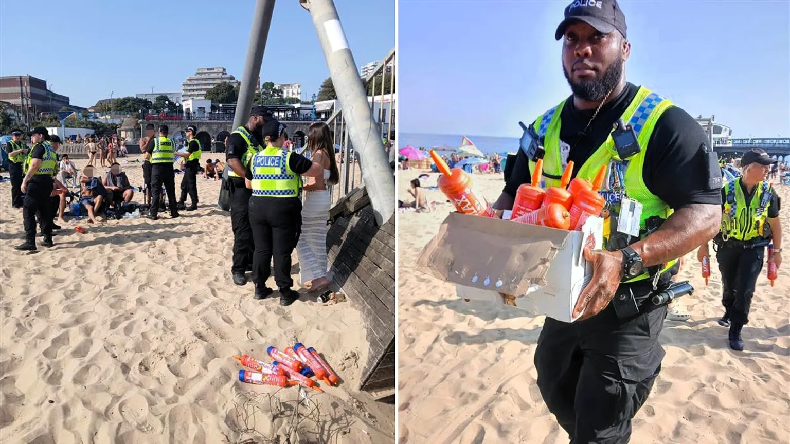 Bournemouth beach has been plagued by laughing gas chaos during the heatwave - with over 20 officers tackling confrontational groups using NOS on an "almost industrial scale."
