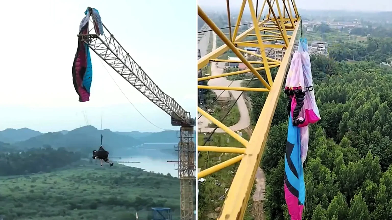 A paraglider was left dangling from a 197ft construction crane after his lines became tangled in the structure - firefighters spent hours cutting him free in a night-time rescue operation.