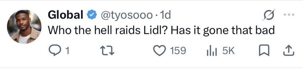 Social media comment on the post of A man leapt through a smashed window and chased after suspected thieves after a car reversed through the front of a Lidl store in Canning Town, East London.
