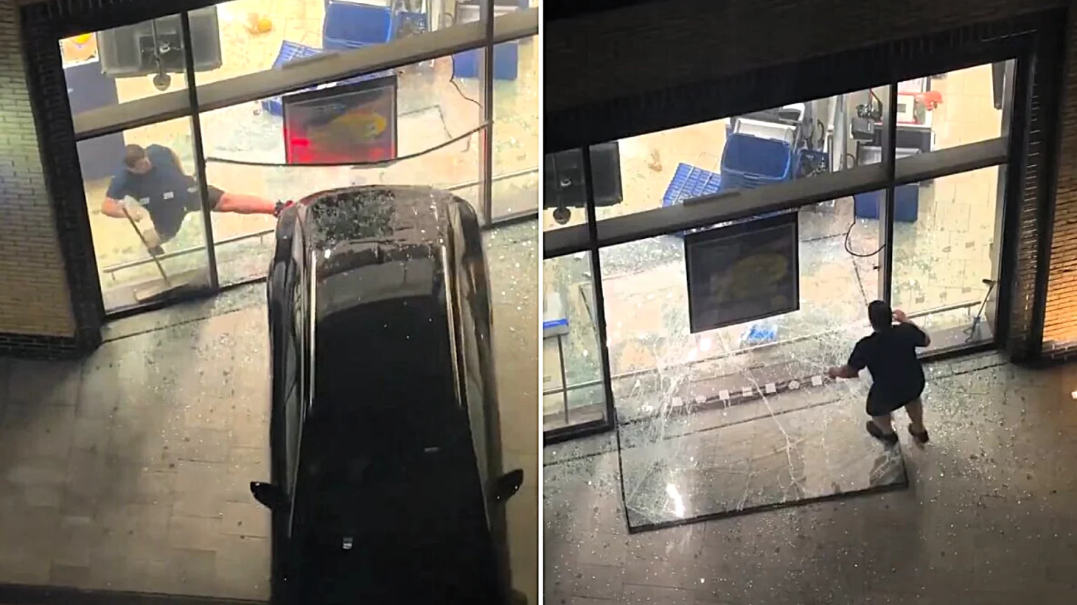 A man leapt through a smashed window and chased after suspected thieves after a car reversed through the front of a Lidl store in Canning Town, East London.