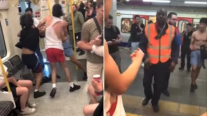 Three men traded punches and kicks on a Tube train during the evening rush hour at Earl's Court, leaving one topless and another with his shirt ripped as stunned commuters watched on.
