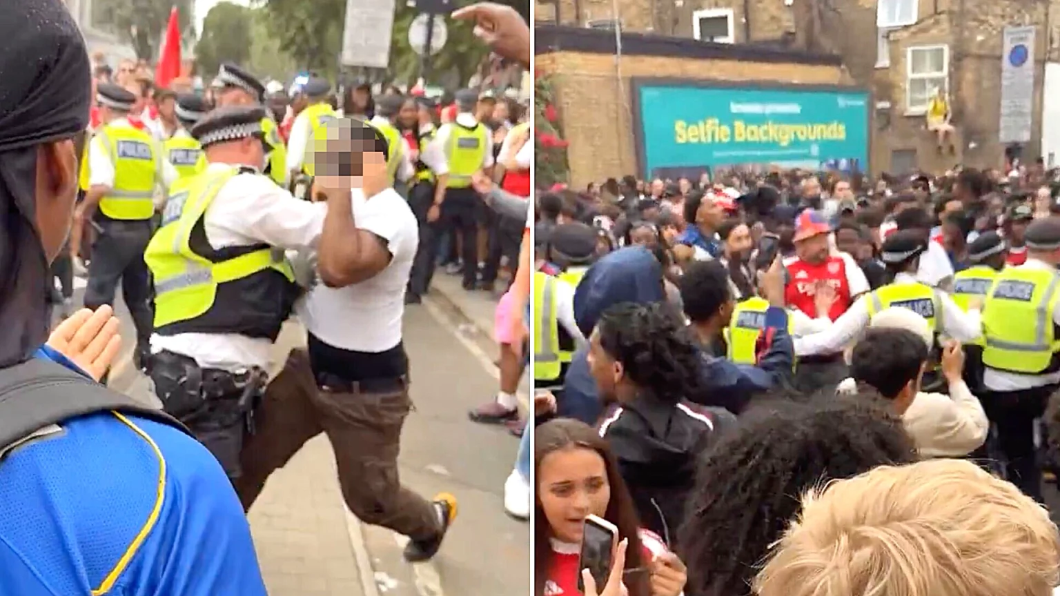 Police grapple with Arsenal fans as Premier League title parade descends into "carnage" with 16 arrests, mass rescues and a stabbing on day of wild celebrations.