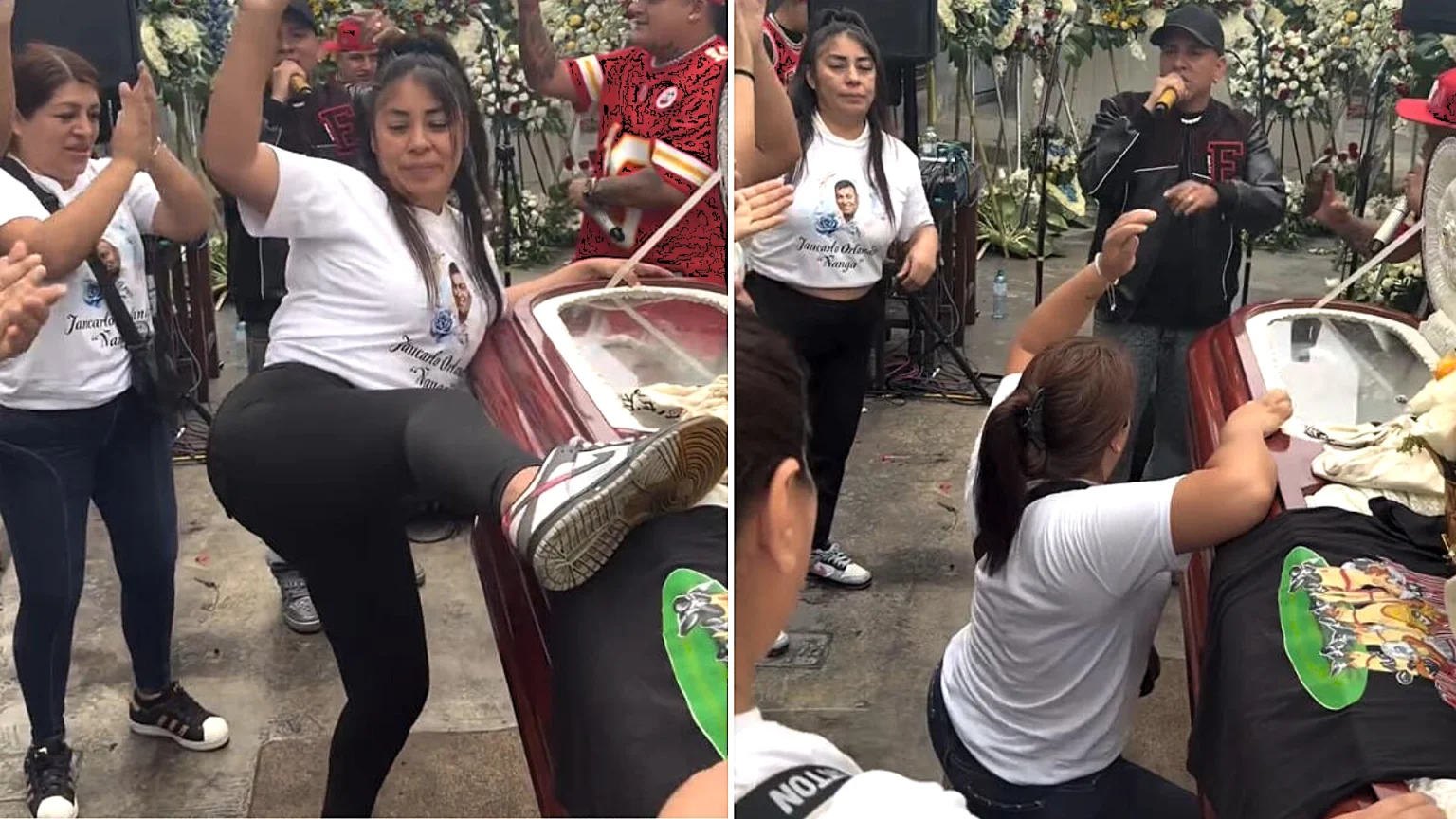 A grieving widow went viral after twerking on her husband's coffin to reggaeton music at his wake in Mexico, with tearful mourners cheering her on as live rappers performed beside the casket.