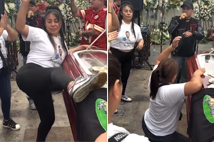 A grieving widow went viral after twerking on her husband's coffin to reggaeton music at his wake in Mexico, with tearful mourners cheering her on as live rappers performed beside the casket.