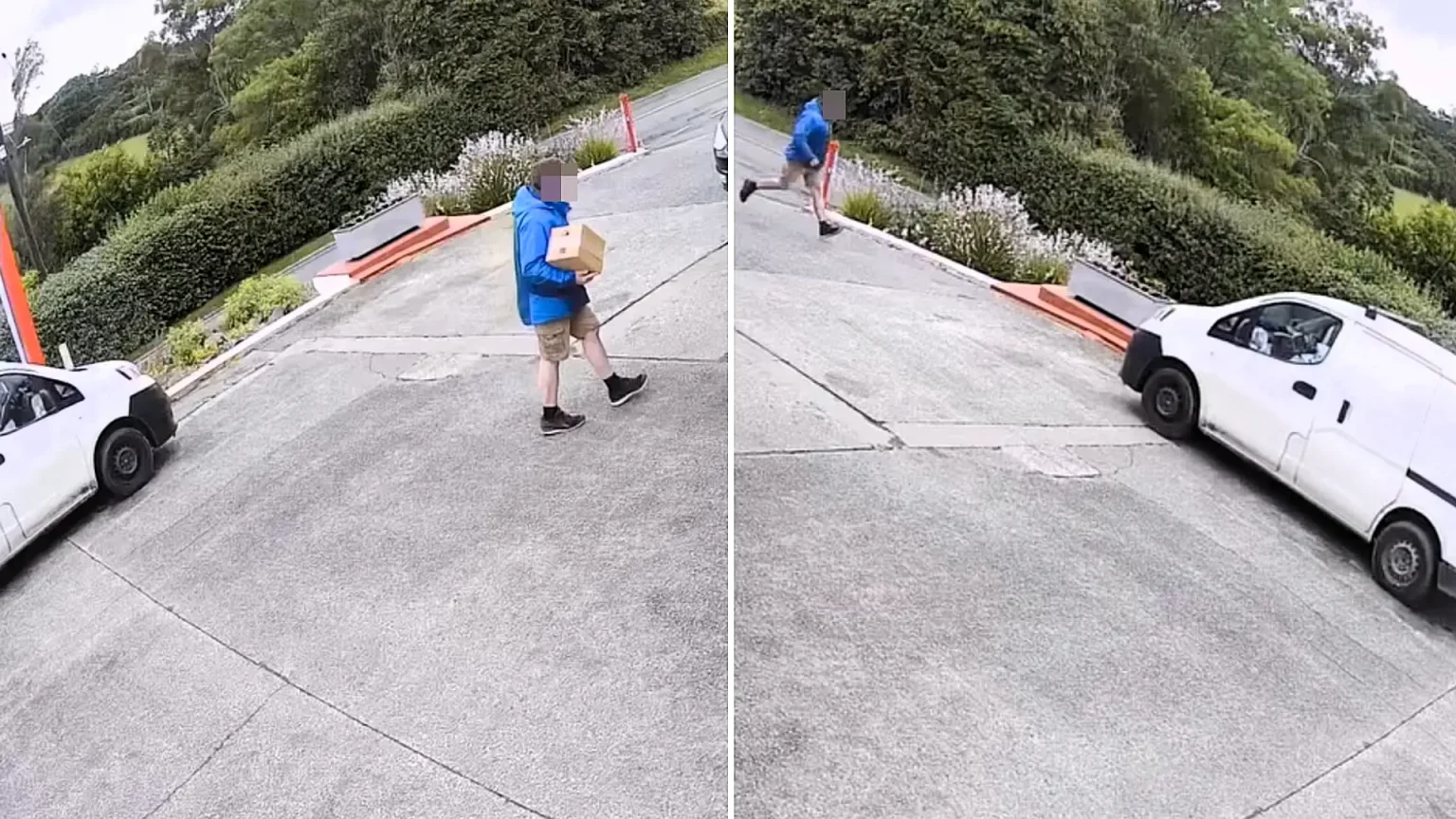 A panicked driver had to sprint across a Welsh garage forecourt after leaving his van's handbrake off, with staff frantically yelling van, van, quick, quick to alert him.