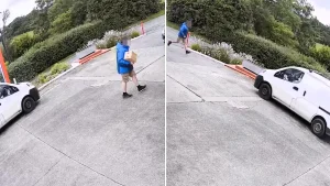 A panicked driver had to sprint across a Welsh garage forecourt after leaving his van's handbrake off, with staff frantically yelling van, van, quick, quick to alert him.