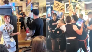Dozens of anti-greyhound racing protesters stormed a Hard Rock Cafe on Park Lane, chanting slogans and brandishing placards as furious diners had their meals disrupted.