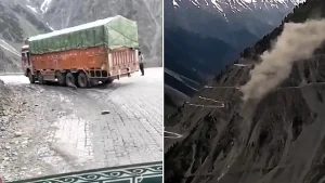 Trucker has miraculous escape after his HGV plunged 400ft down steep Indian mountainside as shocking footage captures the moment he leapt clear at the last second.