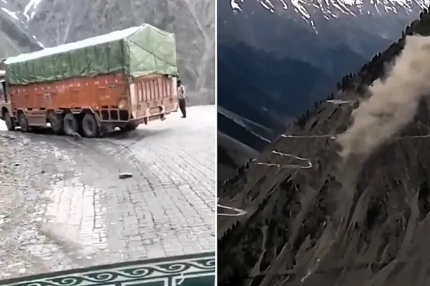 Trucker has miraculous escape after his HGV plunged 400ft down steep Indian mountainside as shocking footage captures the moment he leapt clear at the last second.