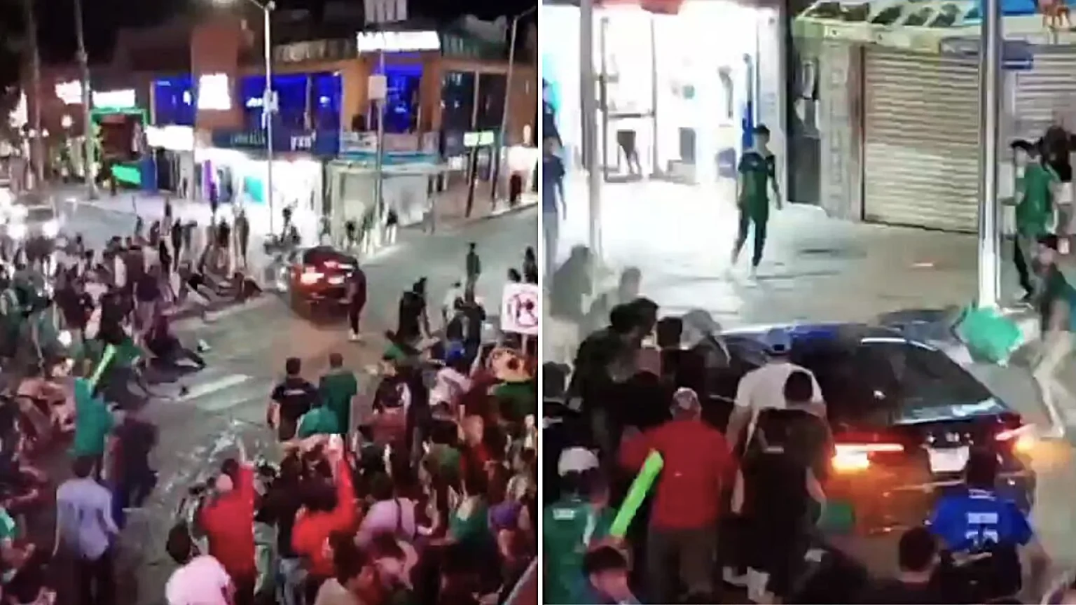 A driver ploughed through a crowd of World Cup celebrations in Mexico, injuring 17 people after suddenly accelerating as fans surrounded his car - one person was left motionless in a pool of blood.