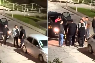 A 22-year-old was violently shoved into the path of a speeding car during a road rage row in Argentina - the whole shocking moment was caught on camera as the group fled.