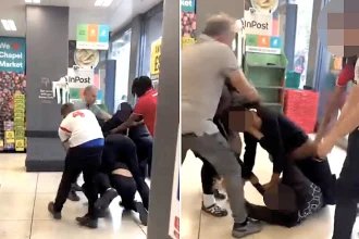 An England fan in a Declan Rice shirt stepped in to break up a wild brawl at an Iceland supermarket in North London - and later helped explain events to police who arrived at the scene.