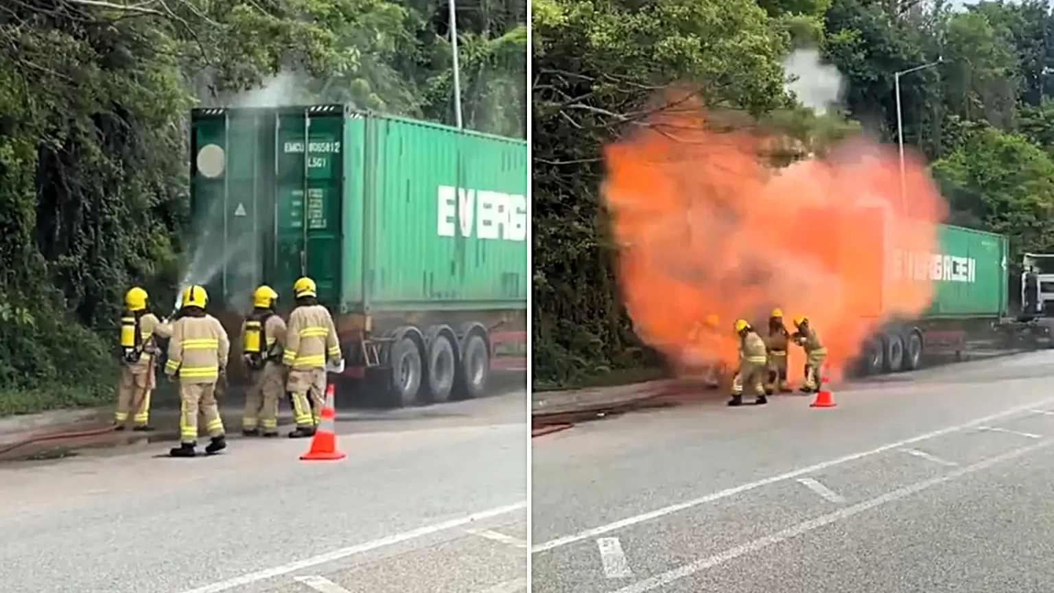 A massive fireball burst from a lorry loaded with lithium batteries in Hong Kong, sending firefighters scrambling for safety just metres away in footage that has shocked viewers online.
