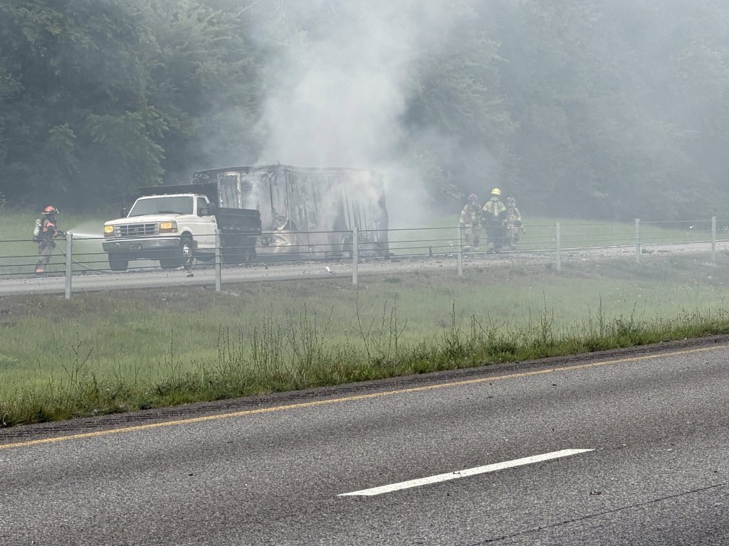 A fireworks trailer erupted into a spectacular blaze on a Tennessee interstate - rockets screaming across multiple lanes in a chaotic display that left motorists stunned.