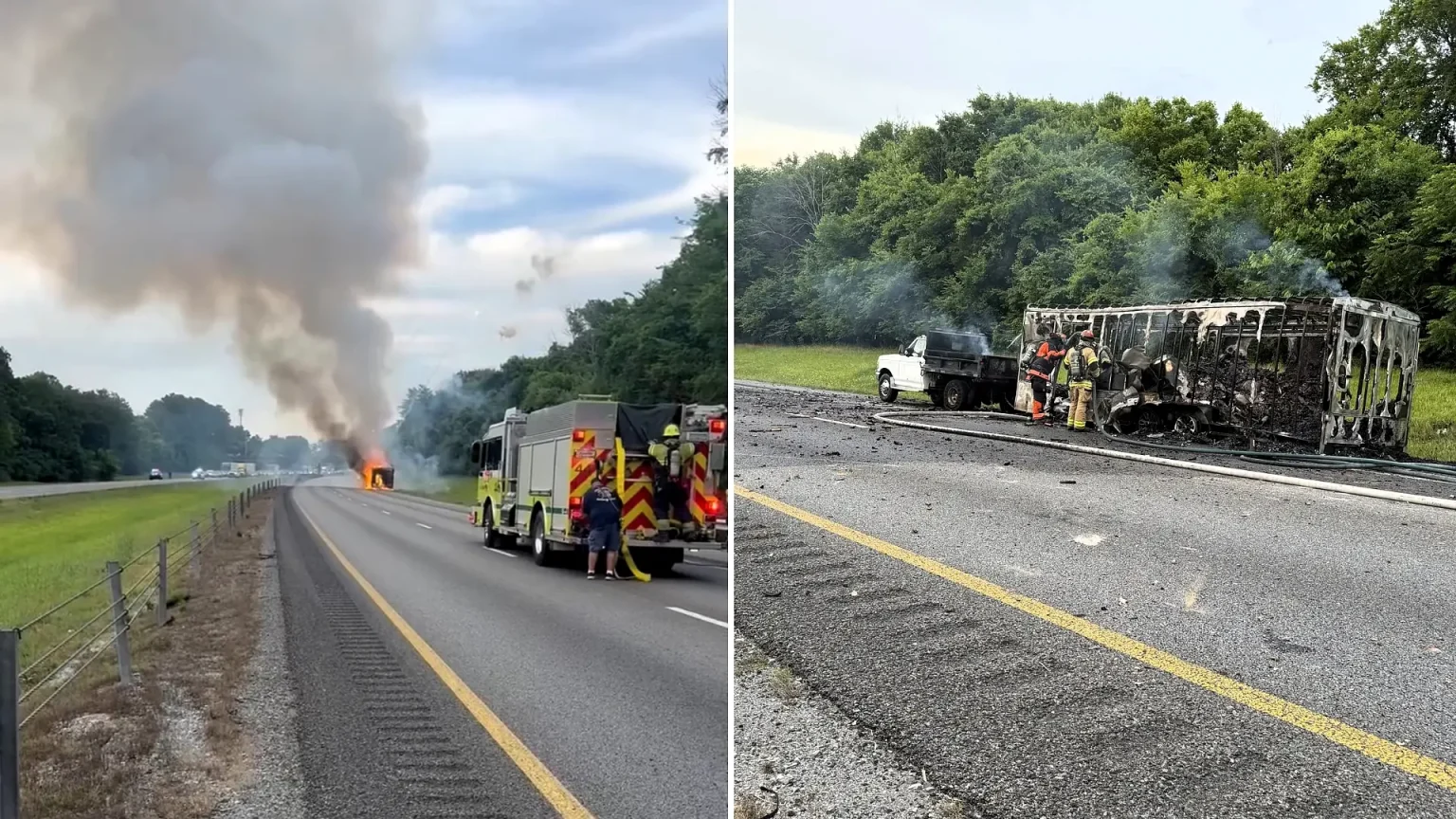 A fireworks trailer erupted into a spectacular blaze on a Tennessee interstate - rockets screaming across multiple lanes in a chaotic display that left motorists stunned.