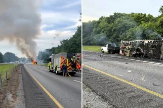 A fireworks trailer erupted into a spectacular blaze on a Tennessee interstate - rockets screaming across multiple lanes in a chaotic display that left motorists stunned.