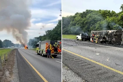 A fireworks trailer erupted into a spectacular blaze on a Tennessee interstate - rockets screaming across multiple lanes in a chaotic display that left motorists stunned.