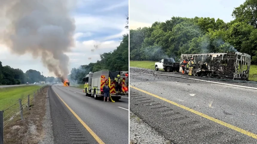 A fireworks trailer erupted into a spectacular blaze on a Tennessee interstate - rockets screaming across multiple lanes in a chaotic display that left motorists stunned.