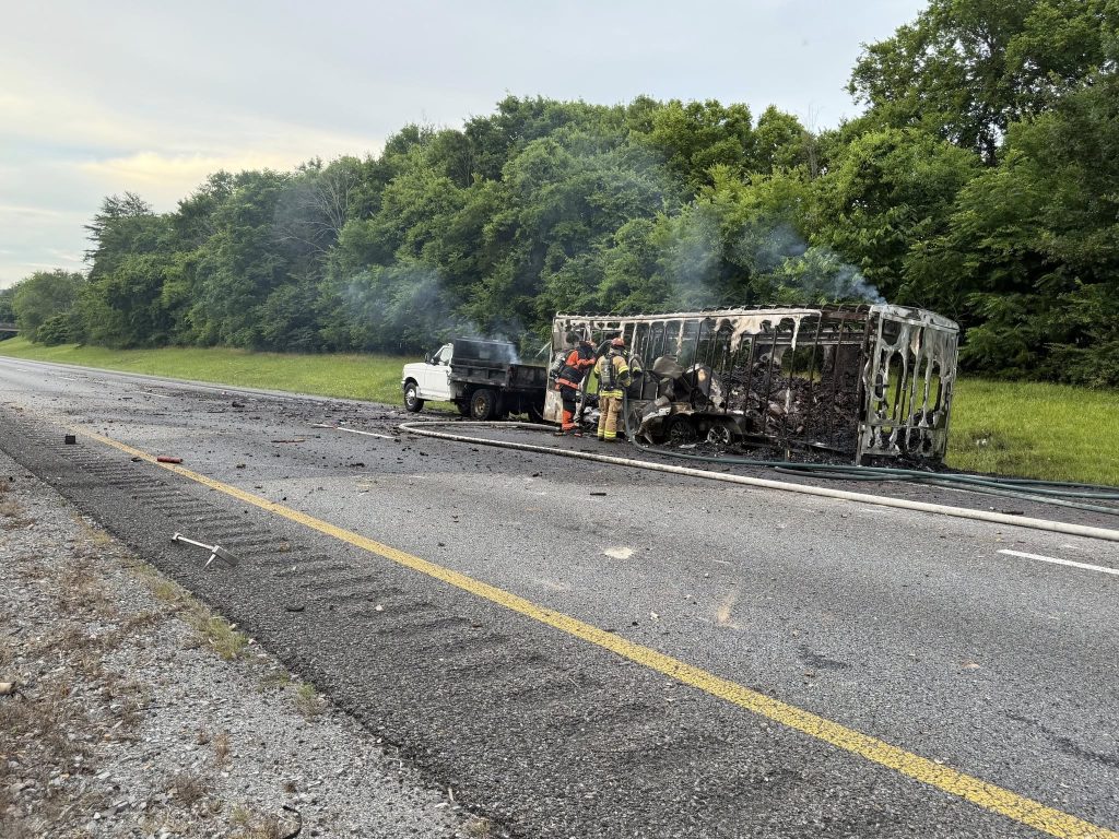 A fireworks trailer erupted into a spectacular blaze on a Tennessee interstate - rockets screaming across multiple lanes in a chaotic display that left motorists stunned.