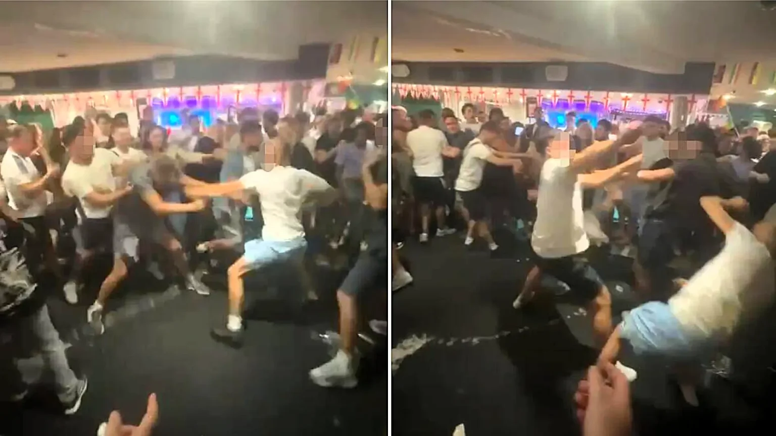 A wild pub brawl erupted in a packed boozer in comedian Romesh Ranganathan's hometown of Crawley, with shocked drinkers watching the punches fly.