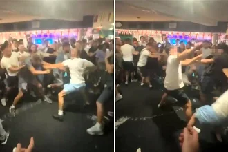 A wild pub brawl erupted in a packed boozer in comedian Romesh Ranganathan's hometown of Crawley, with shocked drinkers watching the punches fly.