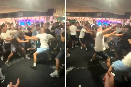 A wild pub brawl erupted in a packed boozer in comedian Romesh Ranganathan's hometown of Crawley, with shocked drinkers watching the punches fly.