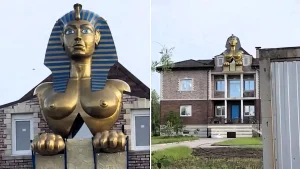 The former owner of Scottish football club Hearts has put a giant busty golden Sphinx on his Russian mansion - drawing stares and baffling neighbours and local officials.