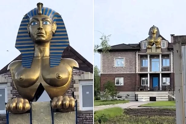 The former owner of Scottish football club Hearts has put a giant busty golden Sphinx on his Russian mansion - drawing stares and baffling neighbours and local officials.