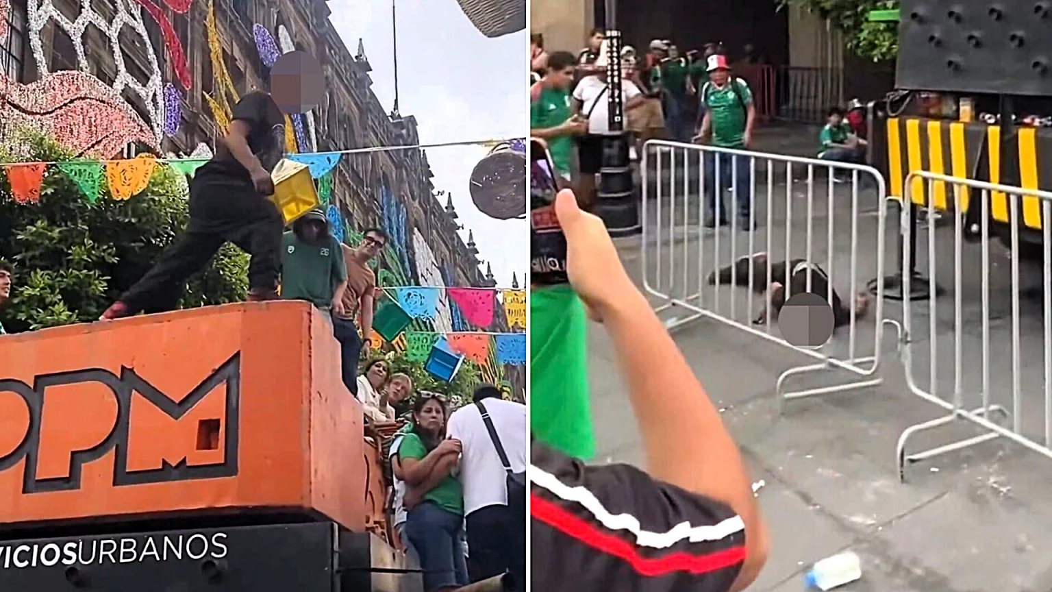 A Mexican fan described as an amateur stuntman fell from a telescopic crane while celebrating his country's World Cup opening win, suffering a serious head injury in front of shocked crowds.