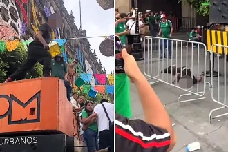 A Mexican fan described as an amateur stuntman fell from a telescopic crane while celebrating his country's World Cup opening win, suffering a serious head injury in front of shocked crowds.