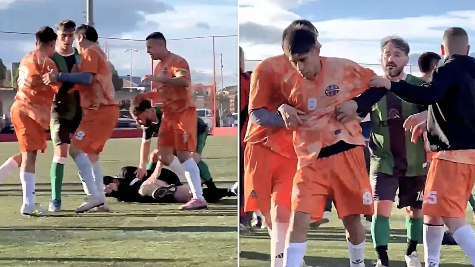 A footballer punched a referee in the back of the head and kicked him as he fell to the ground after being sent off - leaving the official hospitalised and facing a lengthy ban.