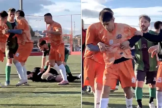 A footballer punched a referee in the back of the head and kicked him as he fell to the ground after being sent off - leaving the official hospitalised and facing a lengthy ban.