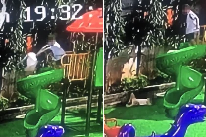CCTV captured the moment a four-year-old girl was shoved face-first off a slide in Hanoi - she was hospitalised with an eye socket injury after landing five feet below.