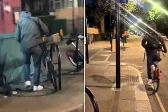 A woman on Portobello Road repeatedly called a masked man a "criminal" and told him to "get a job" as he sawed through a bike lock - and he left without taking the bicycle.
