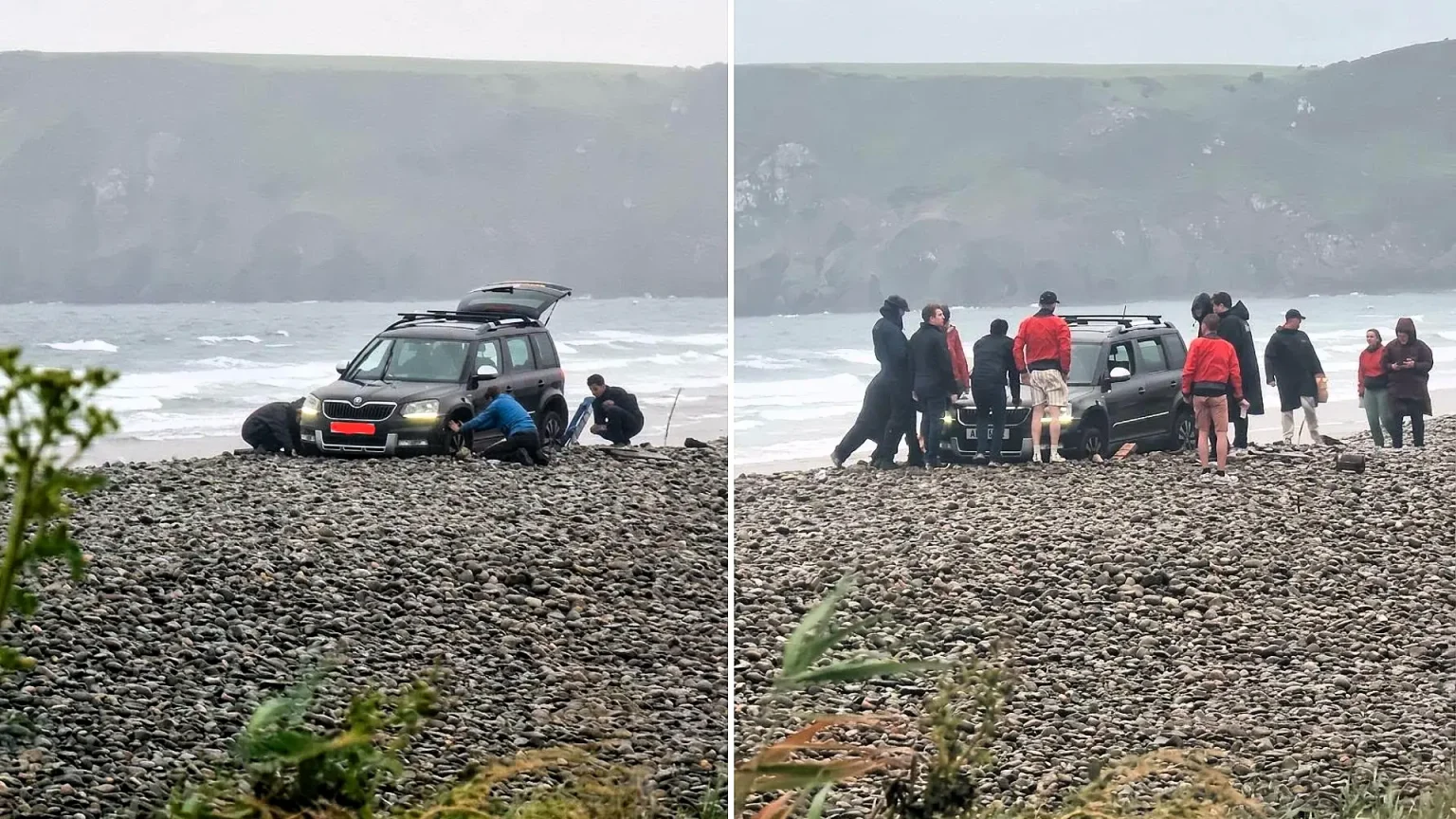 A hapless driver sparked a frantic beach rescue after getting their Skoda wedged axle-deep in a pebble bank just yards from the sea in Pembrokeshire.