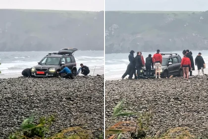 A hapless driver sparked a frantic beach rescue after getting their Skoda wedged axle-deep in a pebble bank just yards from the sea in Pembrokeshire.