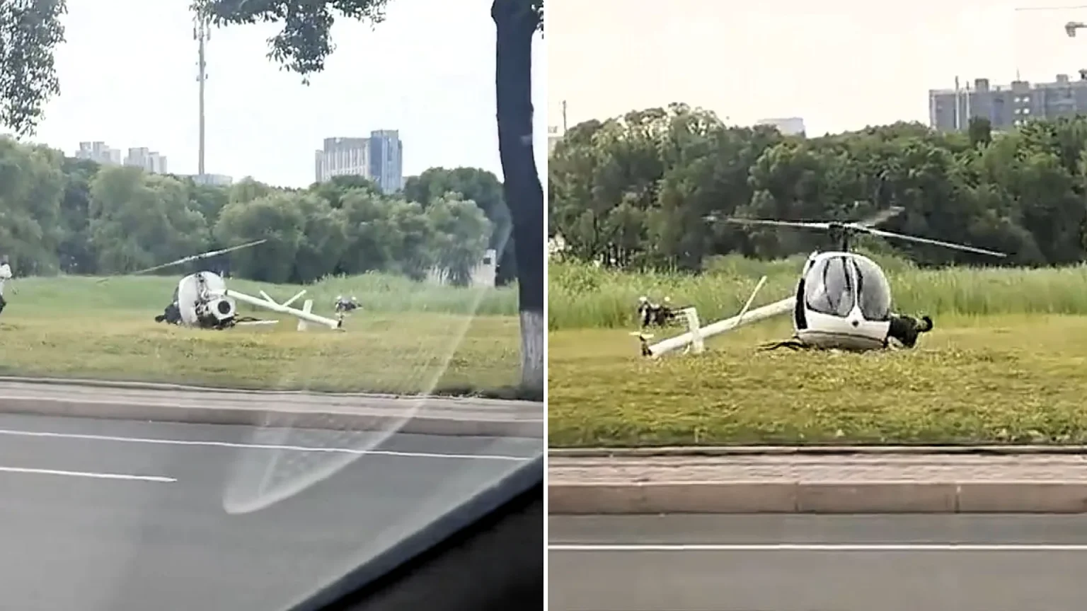 Footage shows two men thrown like rag dolls inside a helicopter after it crashed in China - its rotor blades still spinning as one man's head hit the ground repeatedly.