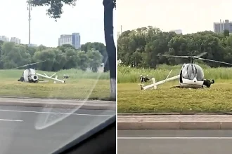 Footage shows two men thrown like rag dolls inside a helicopter after it crashed in China - its rotor blades still spinning as one man's head hit the ground repeatedly.