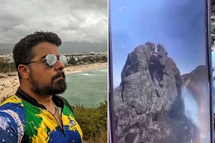 A hiker plunged 150m to his death moments after posing for a photo at the top of a towering rock viewpoint in Brazil as his horrified companion filmed and screamed.